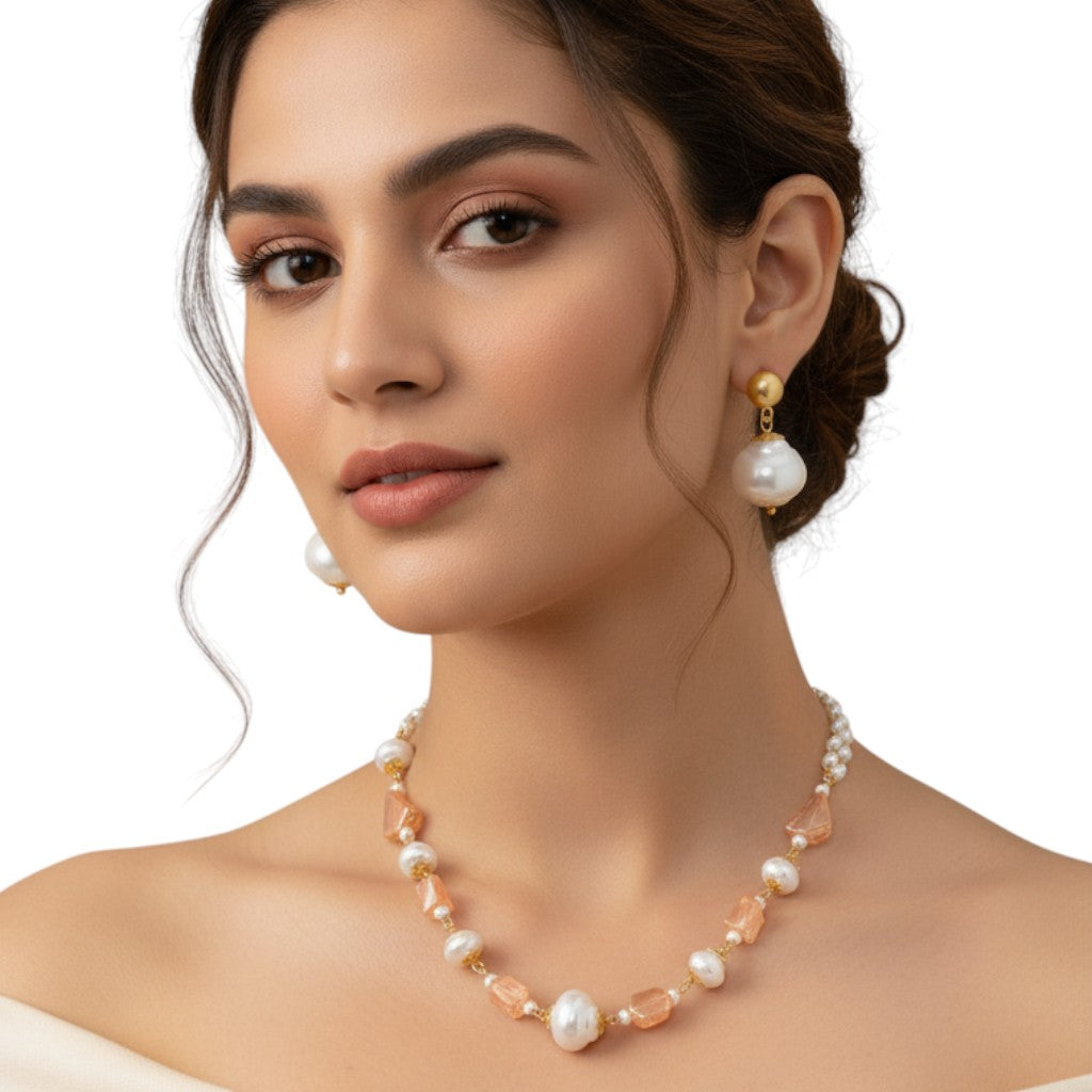 Mahi Elegant Artificial Pearl & Gold-Tone Beaded Designer Necklace with Matching Earrings for Women and Girls (NL1103866G)
