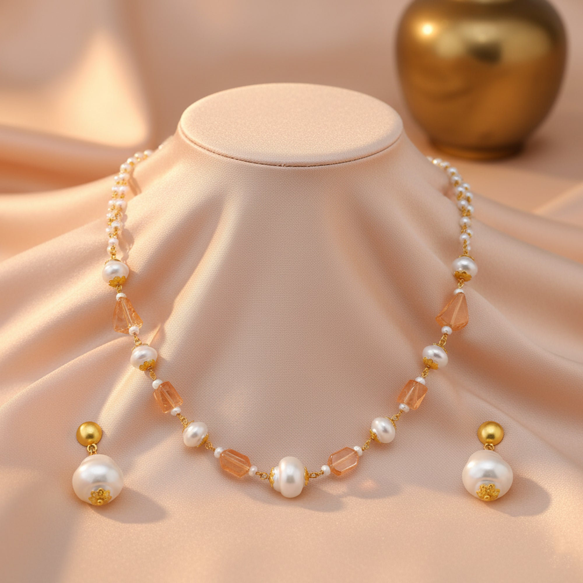 Mahi Elegant Artificial Pearl & Gold-Tone Beaded Designer Necklace with Matching Earrings for Women and Girls (NL1103866G)