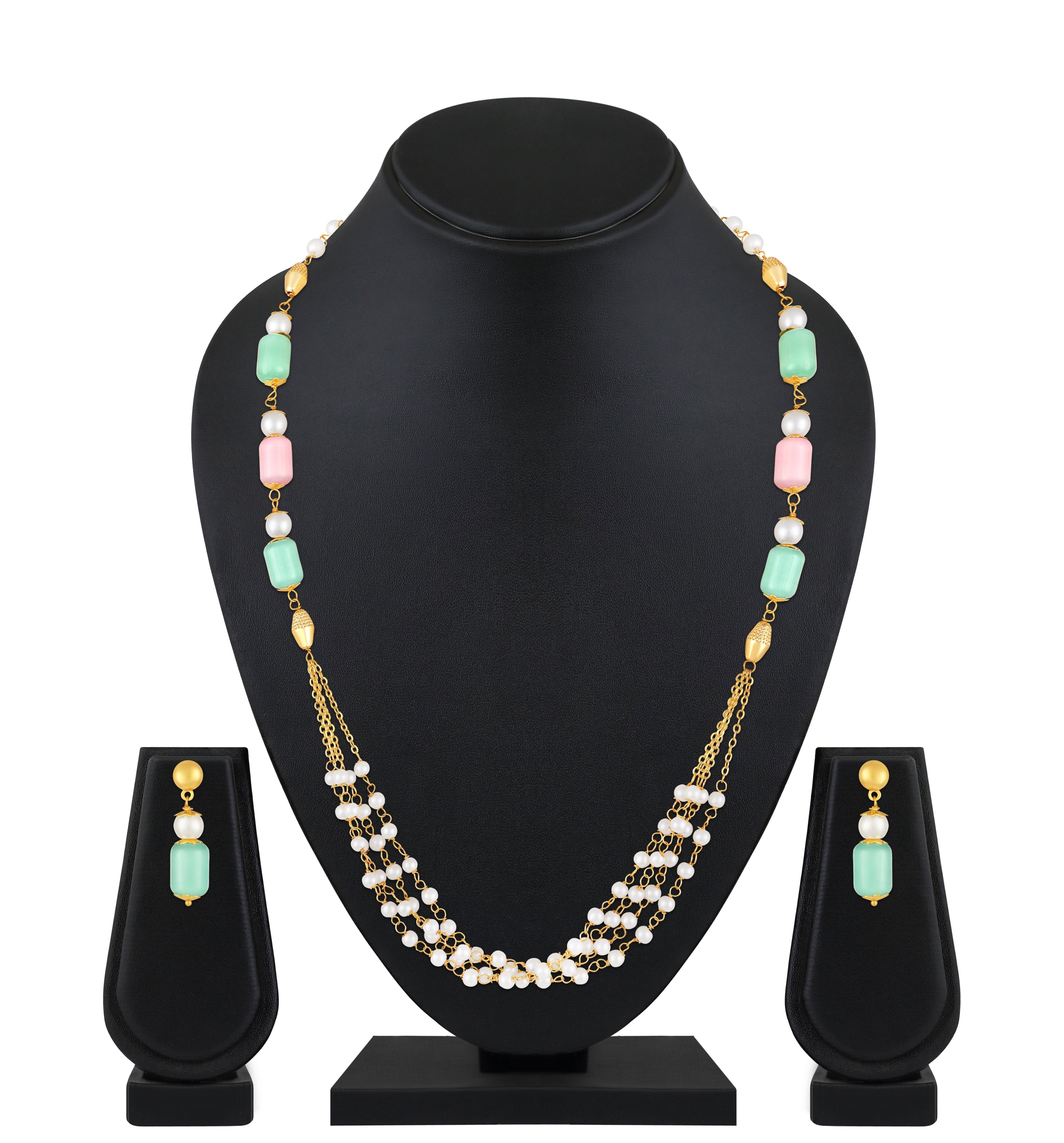 Mahi Elegant Gold-Plated Pastel Bead & Artificial Pearl Necklace with Matching Earrings for Women (NL1103870G)
