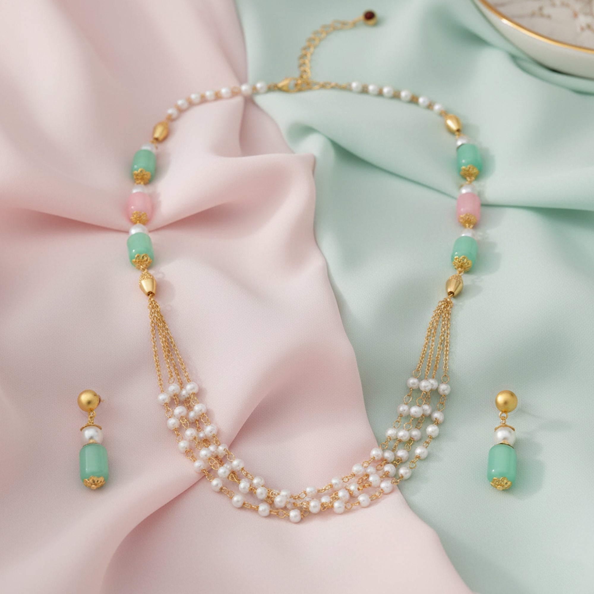 Mahi Elegant Gold-Plated Pastel Bead & Artificial Pearl Necklace with Matching Earrings for Women (NL1103870G)