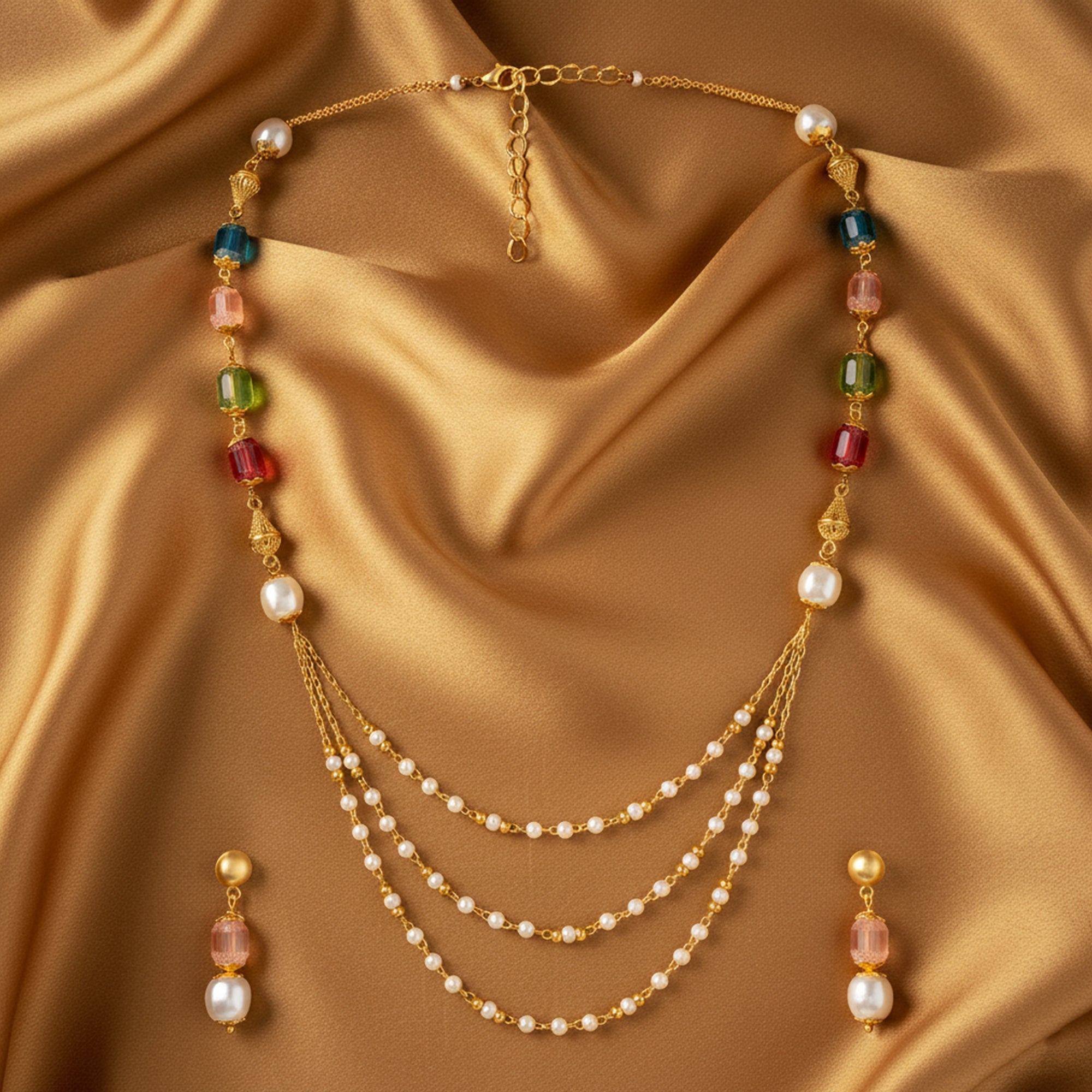 Mahi Traditional Multicolor Beaded Layered Artificial Pearl Gold Plated Necklace Set for Women (NL1103872G)