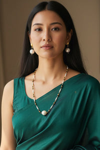 Mahi Black Beads & Artificial Pearl Mangalsutra Necklace with Matching Drop Earrings (Gold & Silver Tone) (NL1103876G)