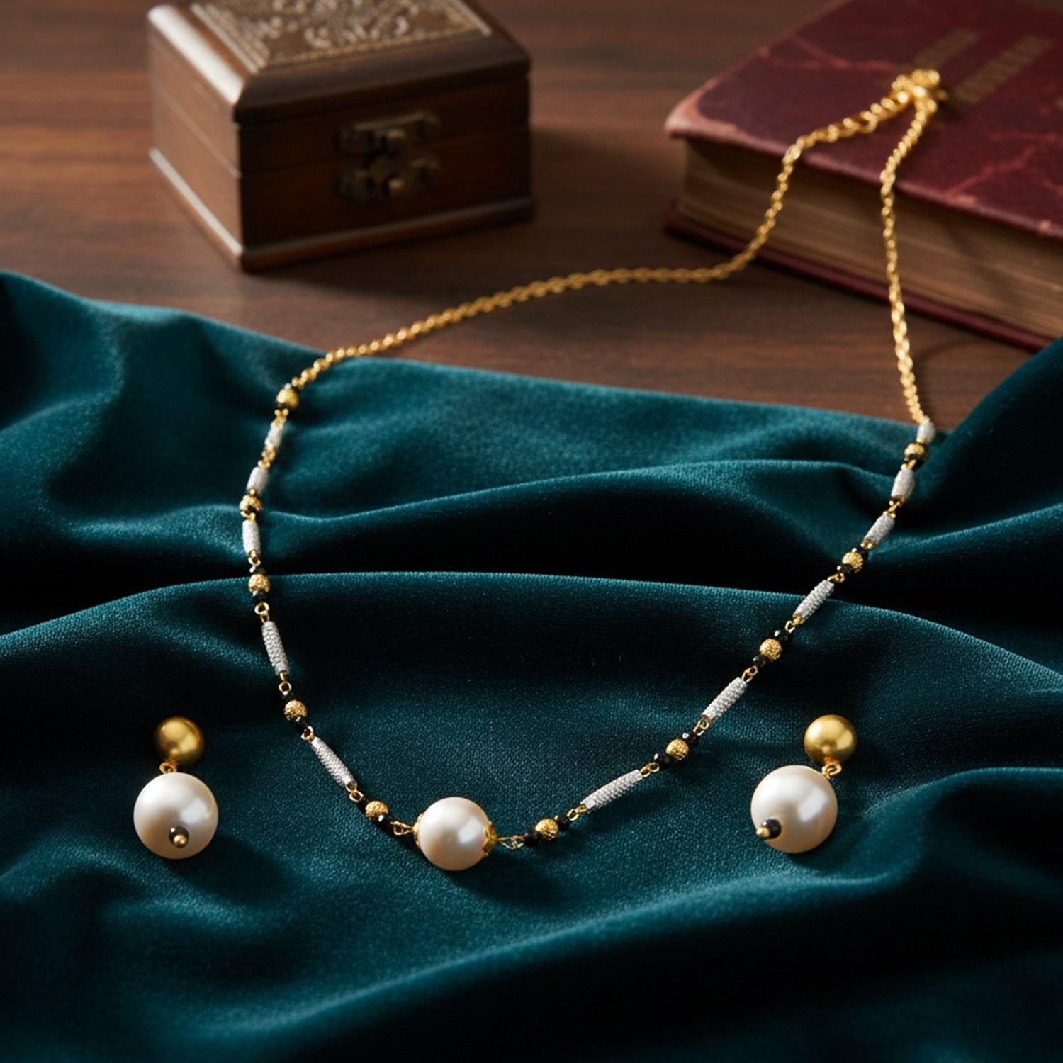 Mahi Black Beads & Artificial Pearl Mangalsutra Necklace with Matching Drop Earrings (Gold & Silver Tone) (NL1103876G)