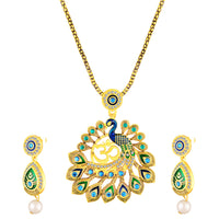 Mahi Gold-Plated Meena Enamel & Crystals Peacock-Themed & Om Necklace Pendant with Dangle Drop Earrings for Women (NL1108124G)