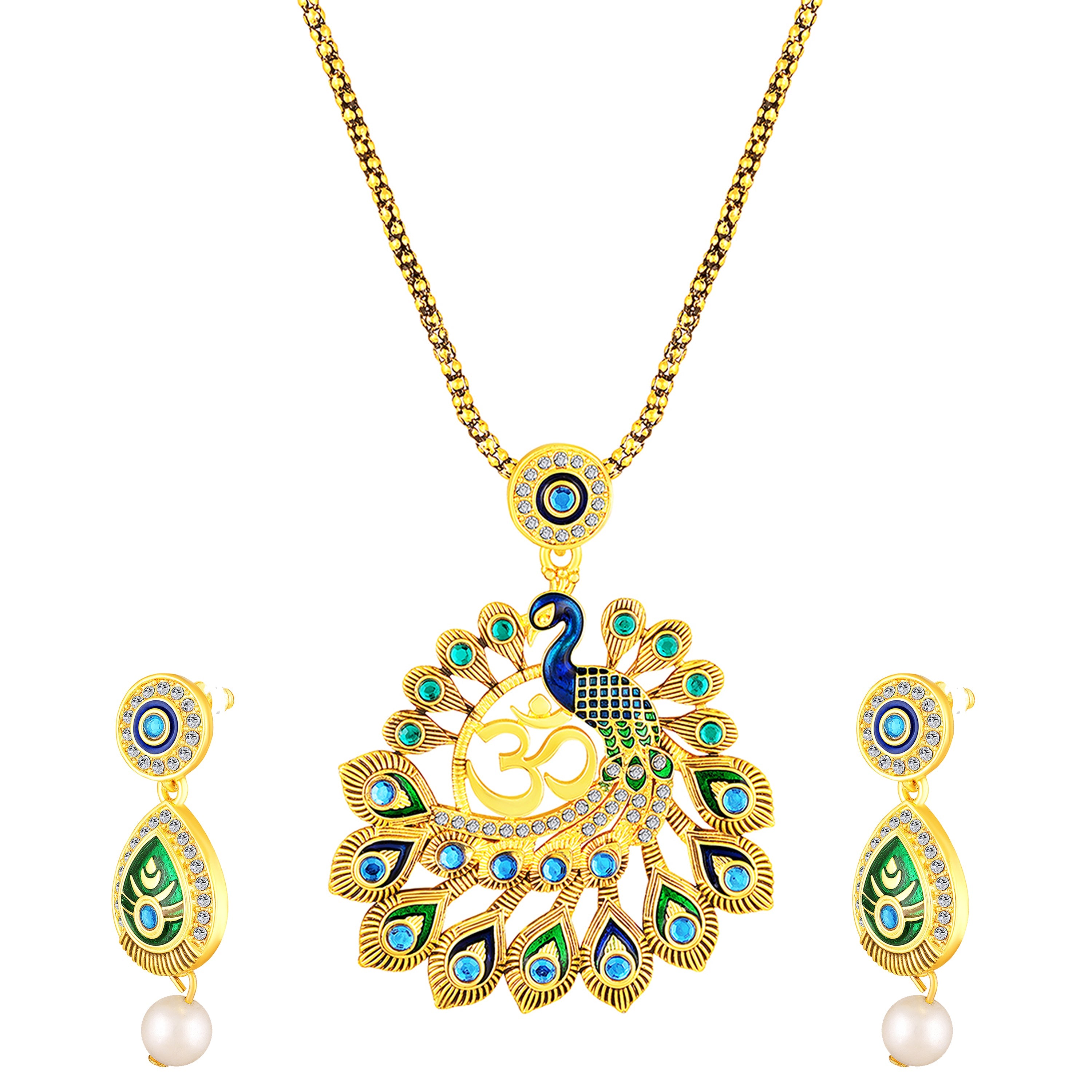 Mahi Gold-Plated Meena Enamel & Crystals Peacock-Themed & Om Necklace Pendant with Dangle Drop Earrings for Women (NL1108124G)