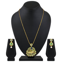 Mahi Gold-Plated Meena Enamel & Crystals Peacock-Themed & Om Necklace Pendant with Dangle Drop Earrings for Women (NL1108124G)
