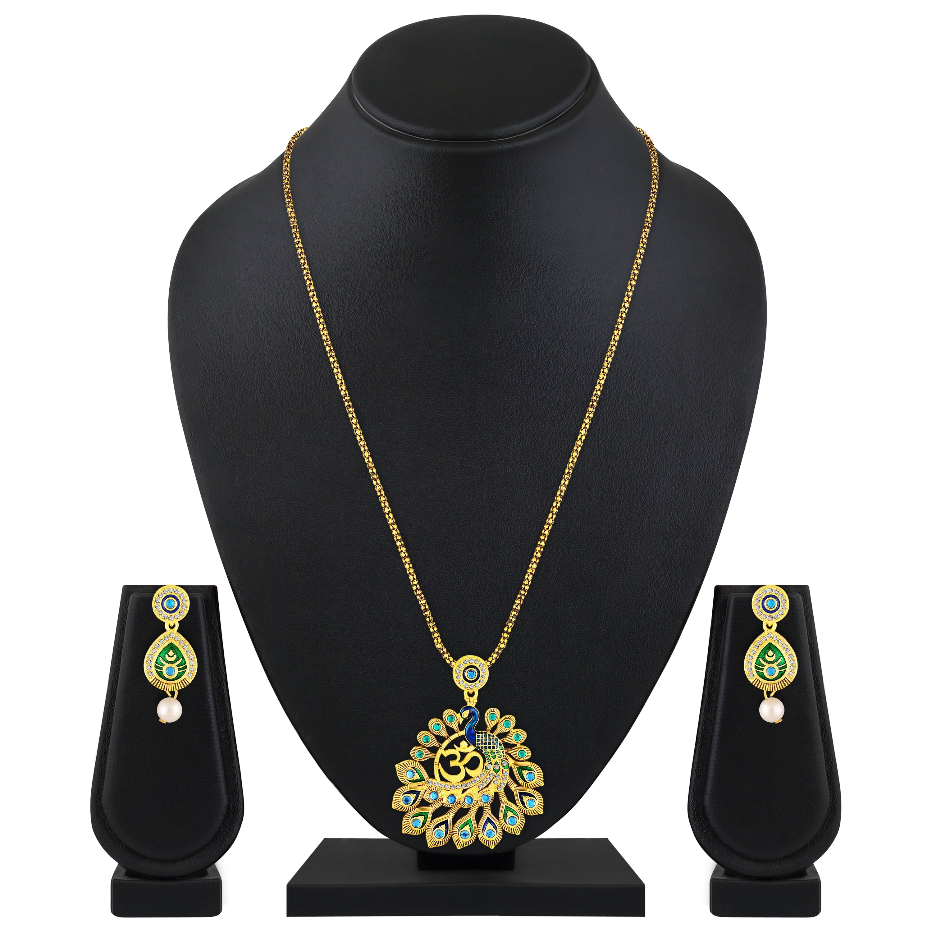Mahi Gold-Plated Meena Enamel & Crystals Peacock-Themed & Om Necklace Pendant with Dangle Drop Earrings for Women (NL1108124G)