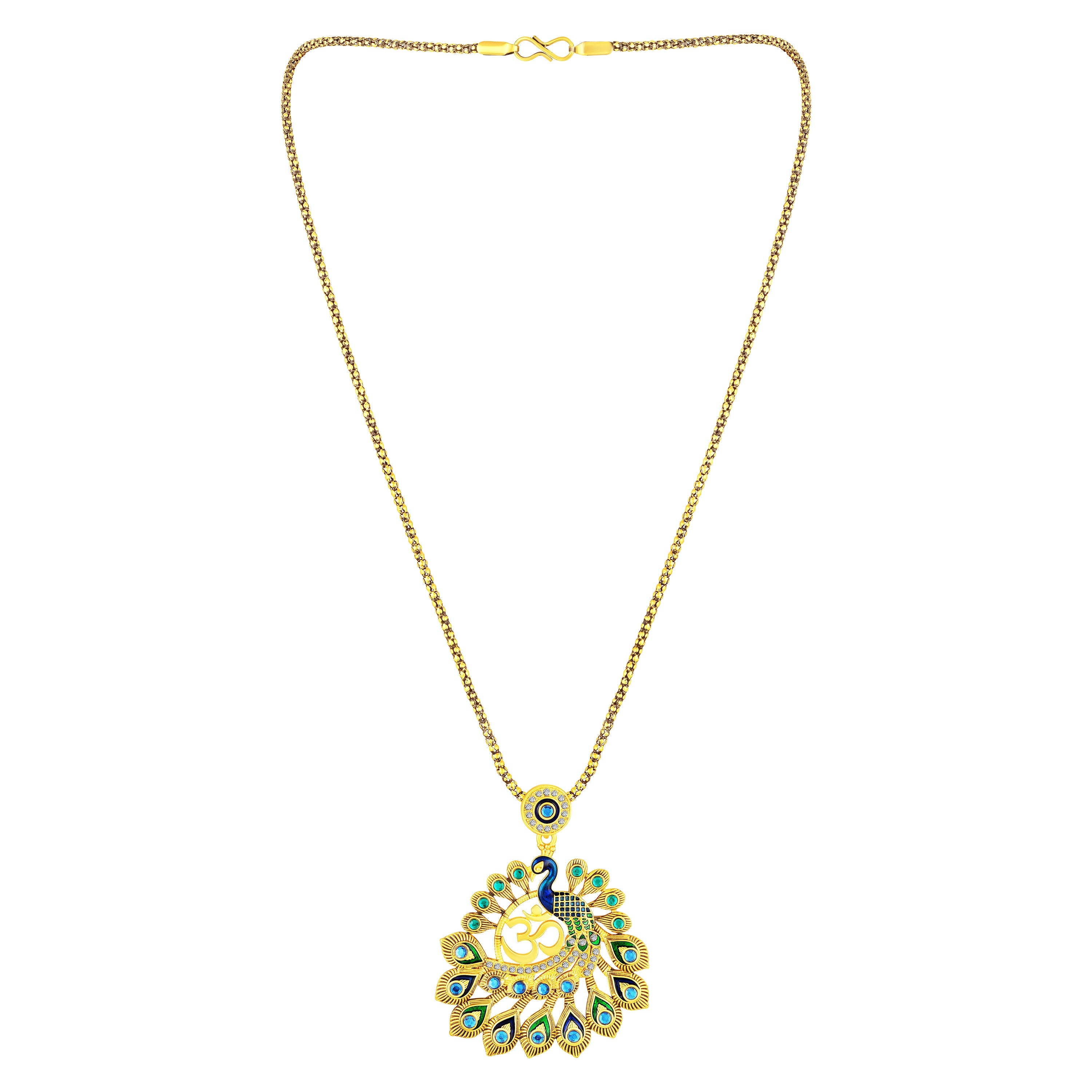 Mahi Gold-Plated Meena Enamel & Crystals Peacock-Themed & Om Necklace Pendant with Dangle Drop Earrings for Women (NL1108124G)
