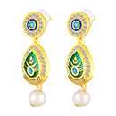 Mahi Gold-Plated Meena Enamel & Crystals Peacock-Themed & Om Necklace Pendant with Dangle Drop Earrings for Women (NL1108124G)