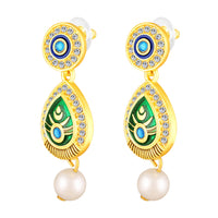 Mahi Gold-Plated Meena Enamel & Crystals Peacock-Themed & Om Necklace Pendant with Dangle Drop Earrings for Women (NL1108124G)