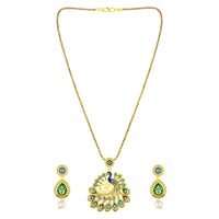 Mahi Gold-Plated Meena Enamel & Crystals Peacock-Themed & Om Necklace Pendant with Dangle Drop Earrings for Women (NL1108124G)