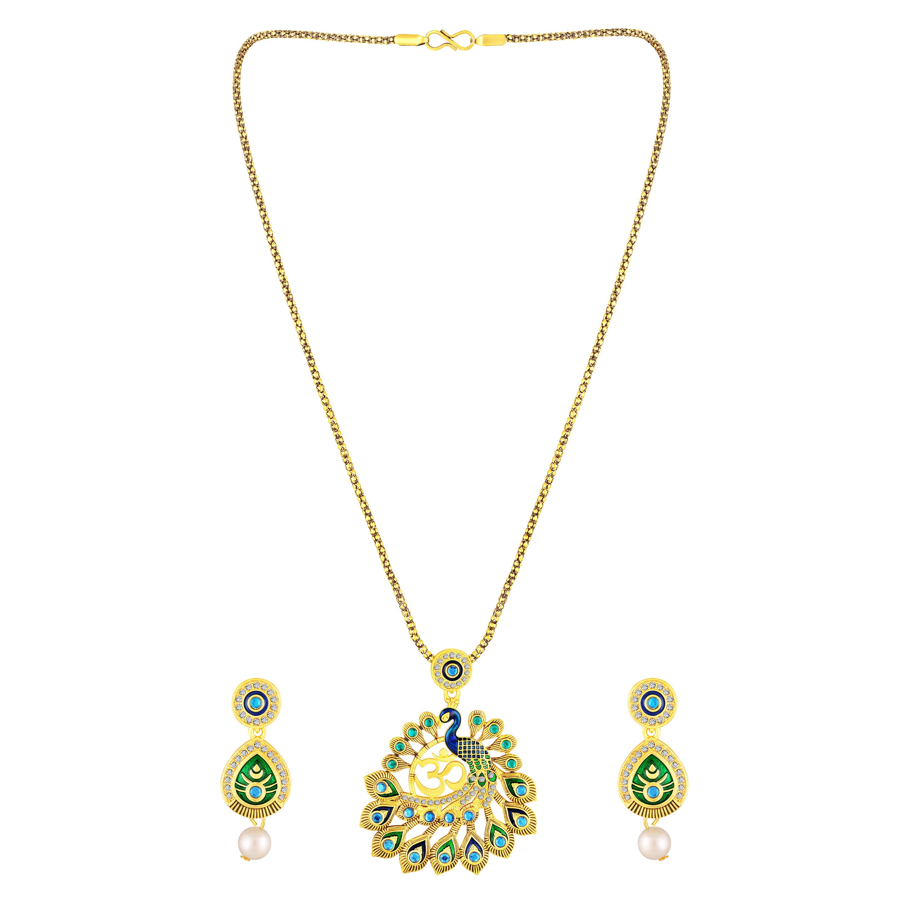 Mahi Gold-Plated Meena Enamel & Crystals Peacock-Themed & Om Necklace Pendant with Dangle Drop Earrings for Women (NL1108124G)