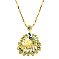 Mahi Gold-Plated Meena Enamel & Crystals Peacock-Themed & Om Necklace Pendant with Dangle Drop Earrings for Women (NL1108124G)