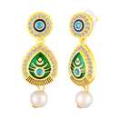 Mahi Gold-Plated Meena Enamel & Crystals Peacock-Themed & Om Necklace Pendant with Dangle Drop Earrings for Women (NL1108124G)