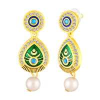Mahi Gold-Plated Meena Enamel & Crystals Peacock-Themed & Om Necklace Pendant with Dangle Drop Earrings for Women (NL1108124G)