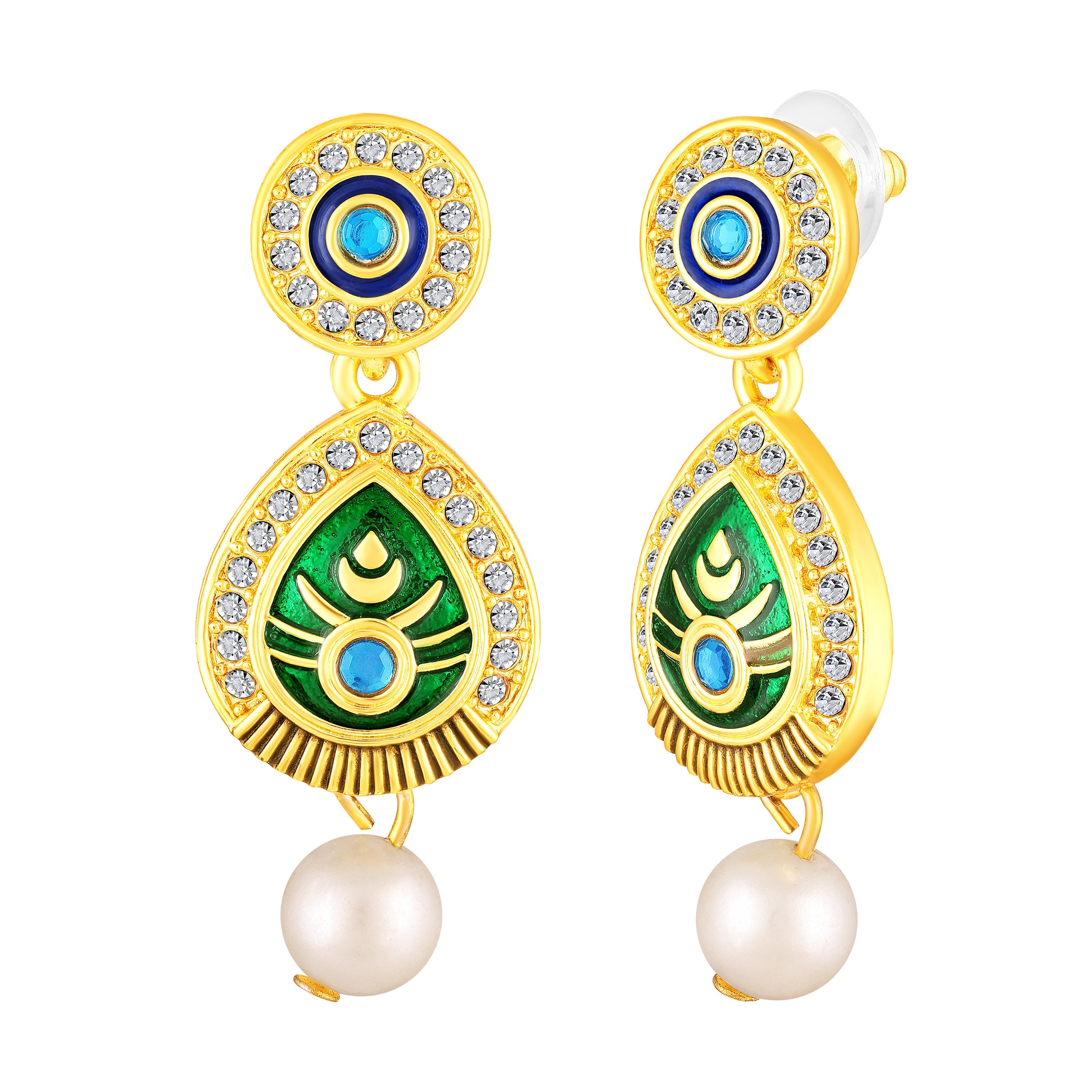 Mahi Gold-Plated Meena Enamel & Crystals Peacock-Themed & Om Necklace Pendant with Dangle Drop Earrings for Women (NL1108124G)