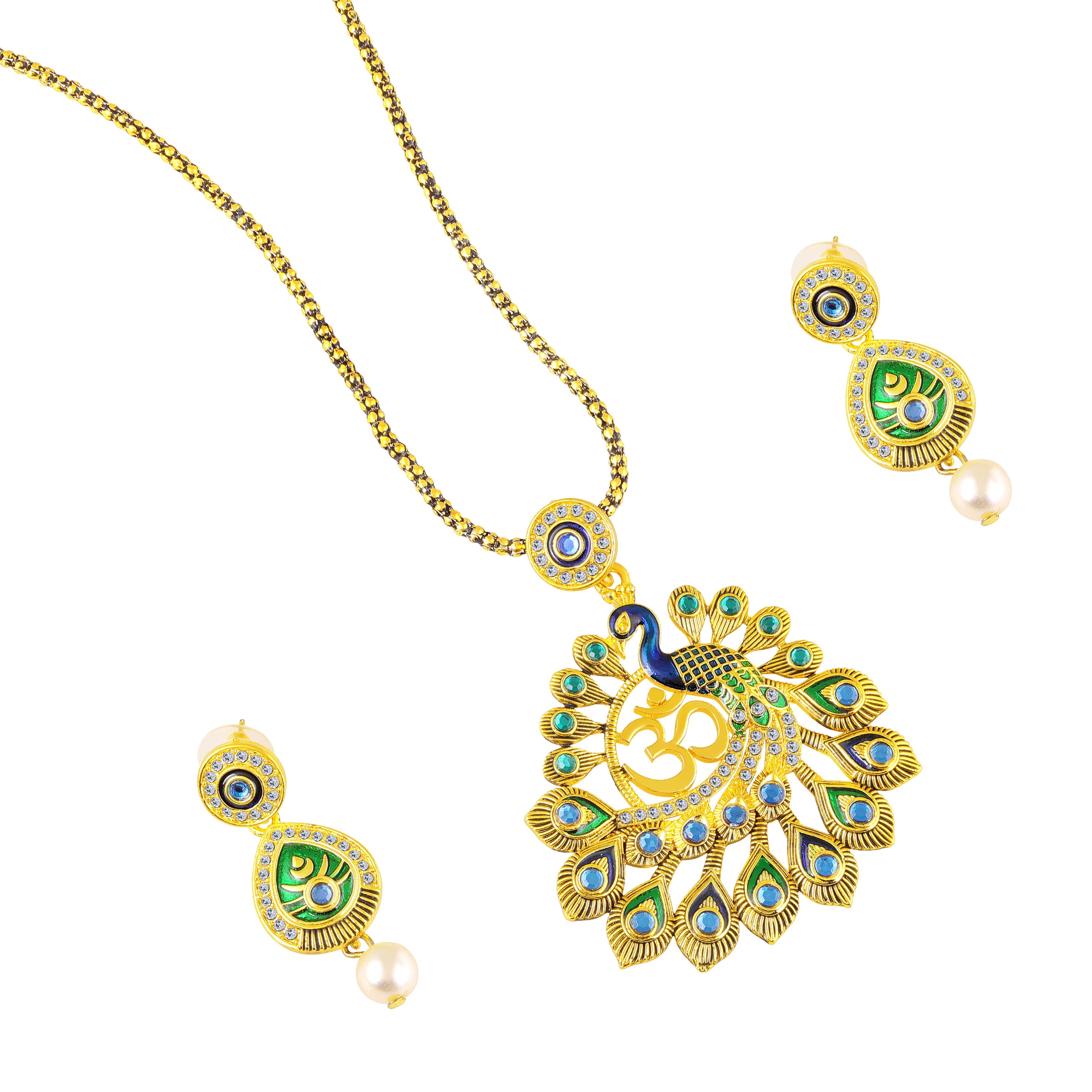 Mahi Gold-Plated Meena Enamel & Crystals Peacock-Themed & Om Necklace Pendant with Dangle Drop Earrings for Women (NL1108124G)