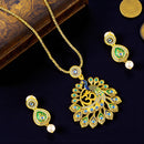 Mahi Gold-Plated Meena Enamel & Crystals Peacock-Themed & Om Necklace Pendant with Dangle Drop Earrings for Women (NL1108124G)