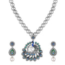 Mahi Peacock-Shaped Om Oxidised Silver Artificial Pearl Beaded Necklace Set for Women | Enamel & Crystals with Pearl Drop Earrings (NL1108125R)