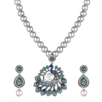 Mahi Peacock-Shaped Om Oxidised Silver Artificial Pearl Beaded Necklace Set for Women | Enamel & Crystals with Pearl Drop Earrings (NL1108125R)