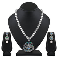 Mahi Peacock-Shaped Om Oxidised Silver Artificial Pearl Beaded Necklace Set for Women | Enamel & Crystals with Pearl Drop Earrings (NL1108125R)