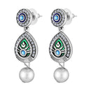 Mahi Peacock-Shaped Om Oxidised Silver Artificial Pearl Beaded Necklace Set for Women | Enamel & Crystals with Pearl Drop Earrings (NL1108125R)