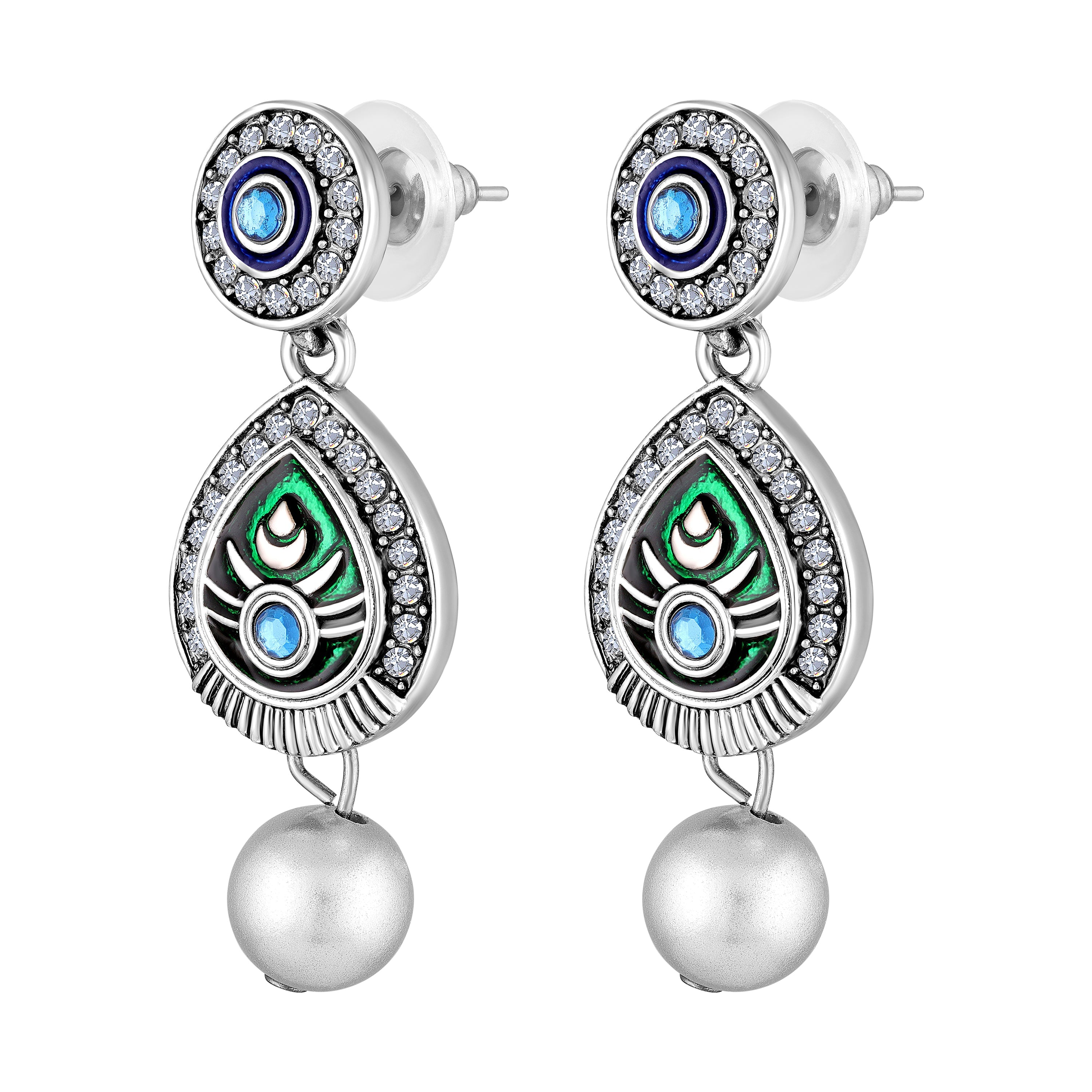 Mahi Peacock-Shaped Om Oxidised Silver Artificial Pearl Beaded Necklace Set for Women | Enamel & Crystals with Pearl Drop Earrings (NL1108125R)