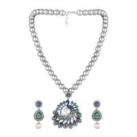 Mahi Peacock-Shaped Om Oxidised Silver Artificial Pearl Beaded Necklace Set for Women | Enamel & Crystals with Pearl Drop Earrings (NL1108125R)