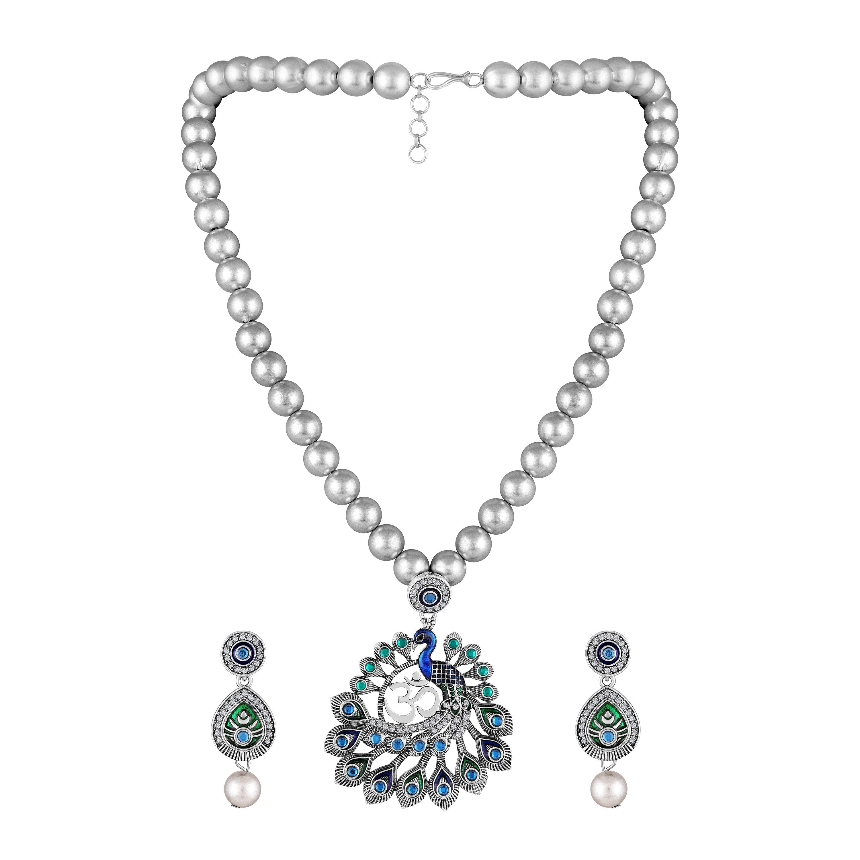 Mahi Peacock-Shaped Om Oxidised Silver Artificial Pearl Beaded Necklace Set for Women | Enamel & Crystals with Pearl Drop Earrings (NL1108125R)