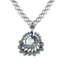 Mahi Peacock-Shaped Om Oxidised Silver Artificial Pearl Beaded Necklace Set for Women | Enamel & Crystals with Pearl Drop Earrings (NL1108125R)