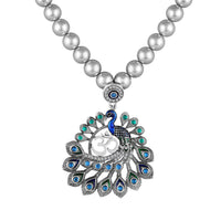 Mahi Peacock-Shaped Om Oxidised Silver Artificial Pearl Beaded Necklace Set for Women | Enamel & Crystals with Pearl Drop Earrings (NL1108125R)