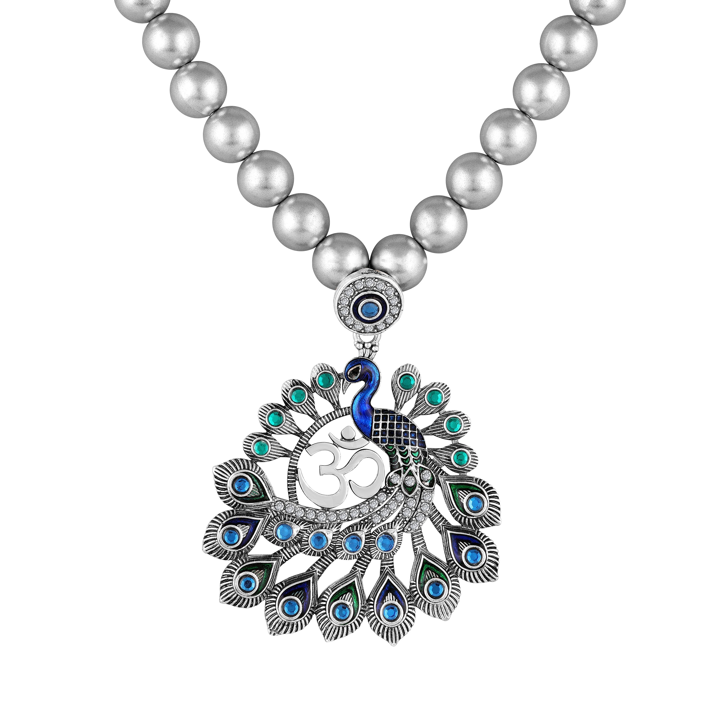 Mahi Peacock-Shaped Om Oxidised Silver Artificial Pearl Beaded Necklace Set for Women | Enamel & Crystals with Pearl Drop Earrings (NL1108125R)