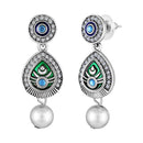 Mahi Peacock-Shaped Om Oxidised Silver Artificial Pearl Beaded Necklace Set for Women | Enamel & Crystals with Pearl Drop Earrings (NL1108125R)