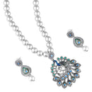 Mahi Peacock-Shaped Om Oxidised Silver Artificial Pearl Beaded Necklace Set for Women | Enamel & Crystals with Pearl Drop Earrings (NL1108125R)