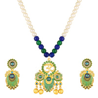 Mahi Peacock-Shaped Om Artificial Pearl Beaded Necklace Set for Women | Enamel & Crystals with Pearl Drop Earrings (NL1108126G)