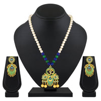 Mahi Peacock-Shaped Om Artificial Pearl Beaded Necklace Set for Women | Enamel & Crystals with Pearl Drop Earrings (NL1108126G)