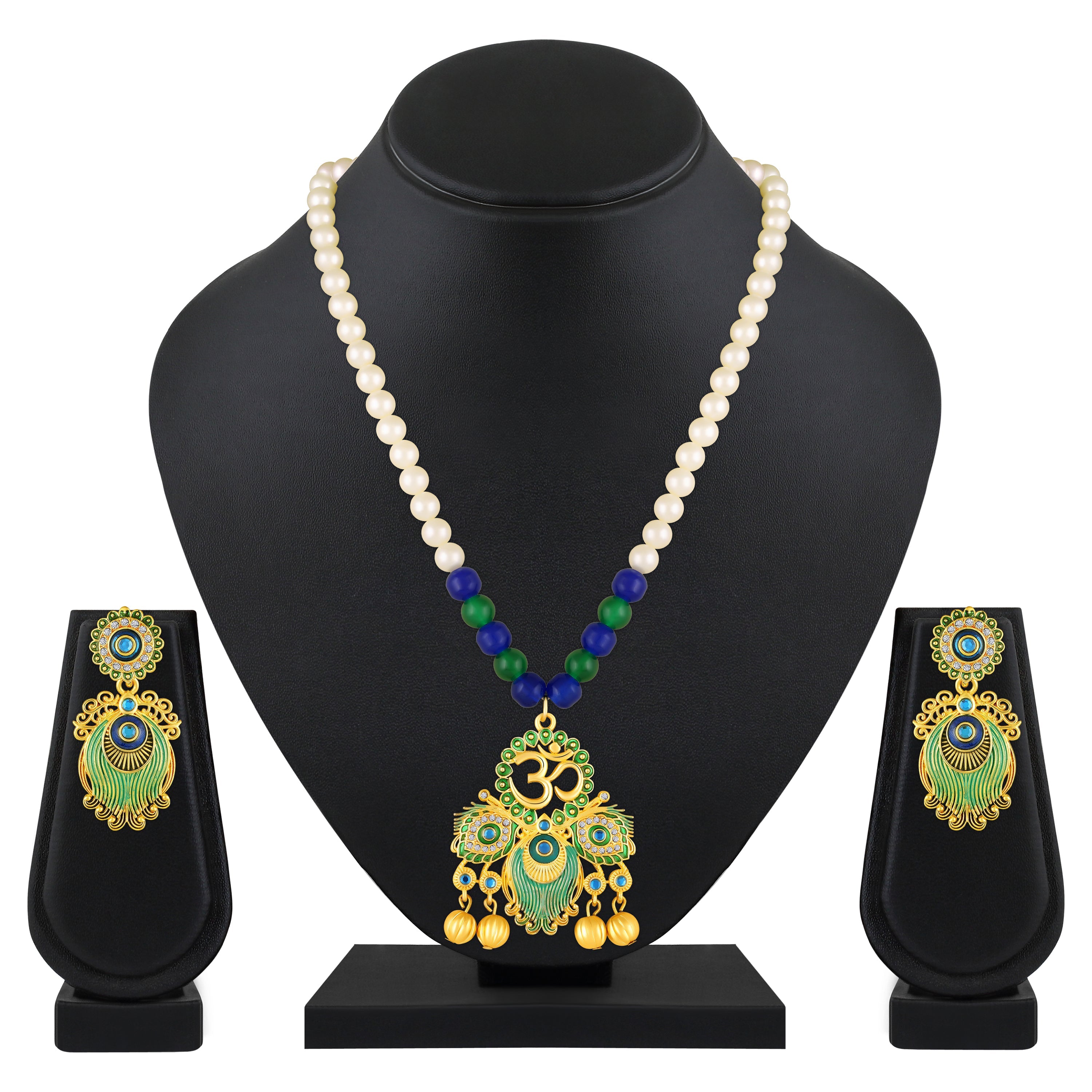 Mahi Peacock-Shaped Om Artificial Pearl Beaded Necklace Set for Women | Enamel & Crystals with Pearl Drop Earrings (NL1108126G)