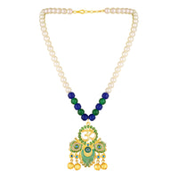 Mahi Peacock-Shaped Om Artificial Pearl Beaded Necklace Set for Women | Enamel & Crystals with Pearl Drop Earrings (NL1108126G)
