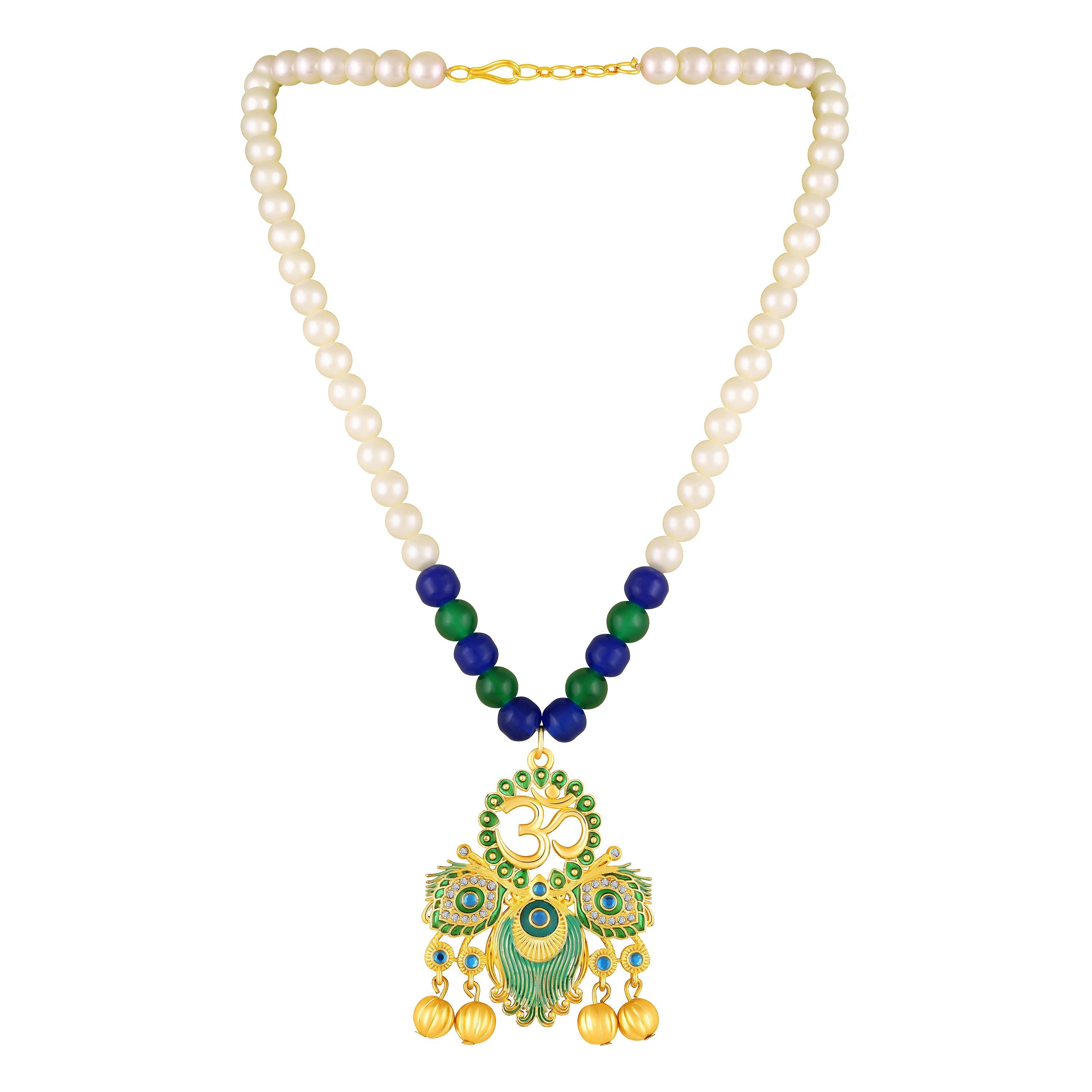 Mahi Peacock-Shaped Om Artificial Pearl Beaded Necklace Set for Women | Enamel & Crystals with Pearl Drop Earrings (NL1108126G)