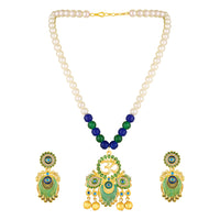 Mahi Peacock-Shaped Om Artificial Pearl Beaded Necklace Set for Women | Enamel & Crystals with Pearl Drop Earrings (NL1108126G)