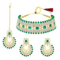 Mahi Ethnic Wedding & Festive Wear Green Kundan & Mirror Stone Bridal Choker Jewellery Set with Earrings & Maang Tikka Necklace Set for Women (NL1108127GGre)