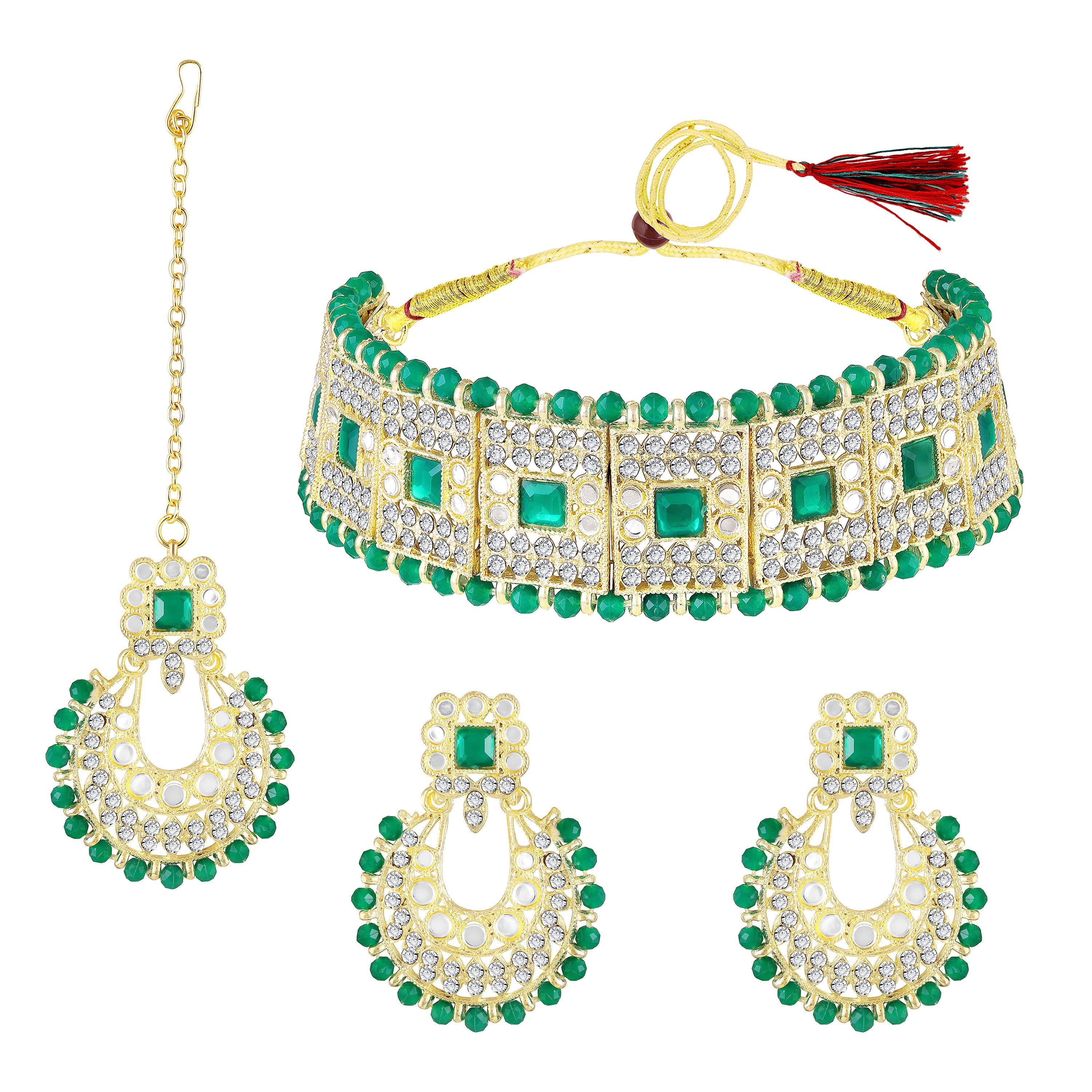 Mahi Ethnic Wedding & Festive Wear Green Kundan & Mirror Stone Bridal Choker Jewellery Set with Earrings & Maang Tikka Necklace Set for Women (NL1108127GGre)