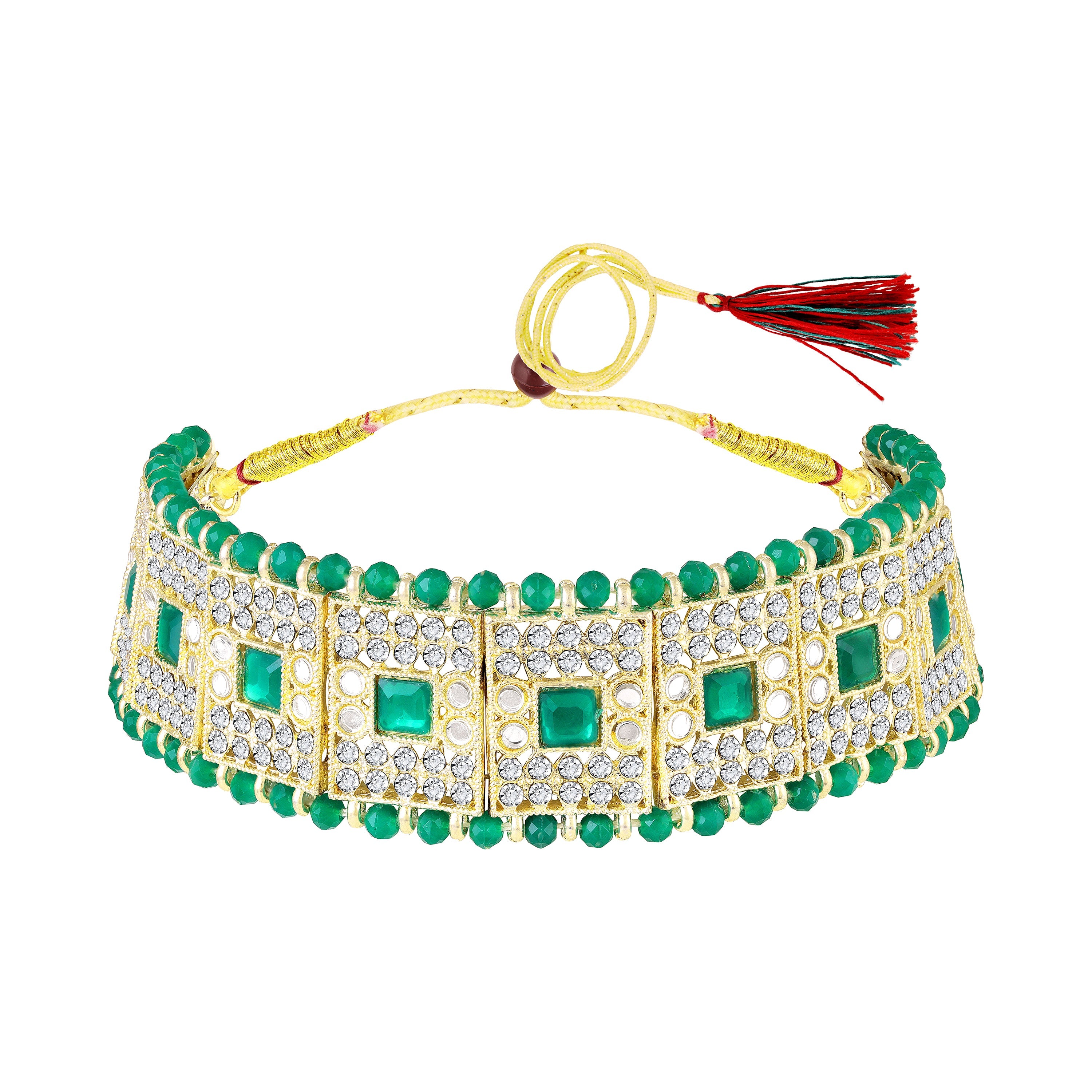 Mahi Ethnic Wedding & Festive Wear Green Kundan & Mirror Stone Bridal Choker Jewellery Set with Earrings & Maang Tikka Necklace Set for Women (NL1108127GGre)