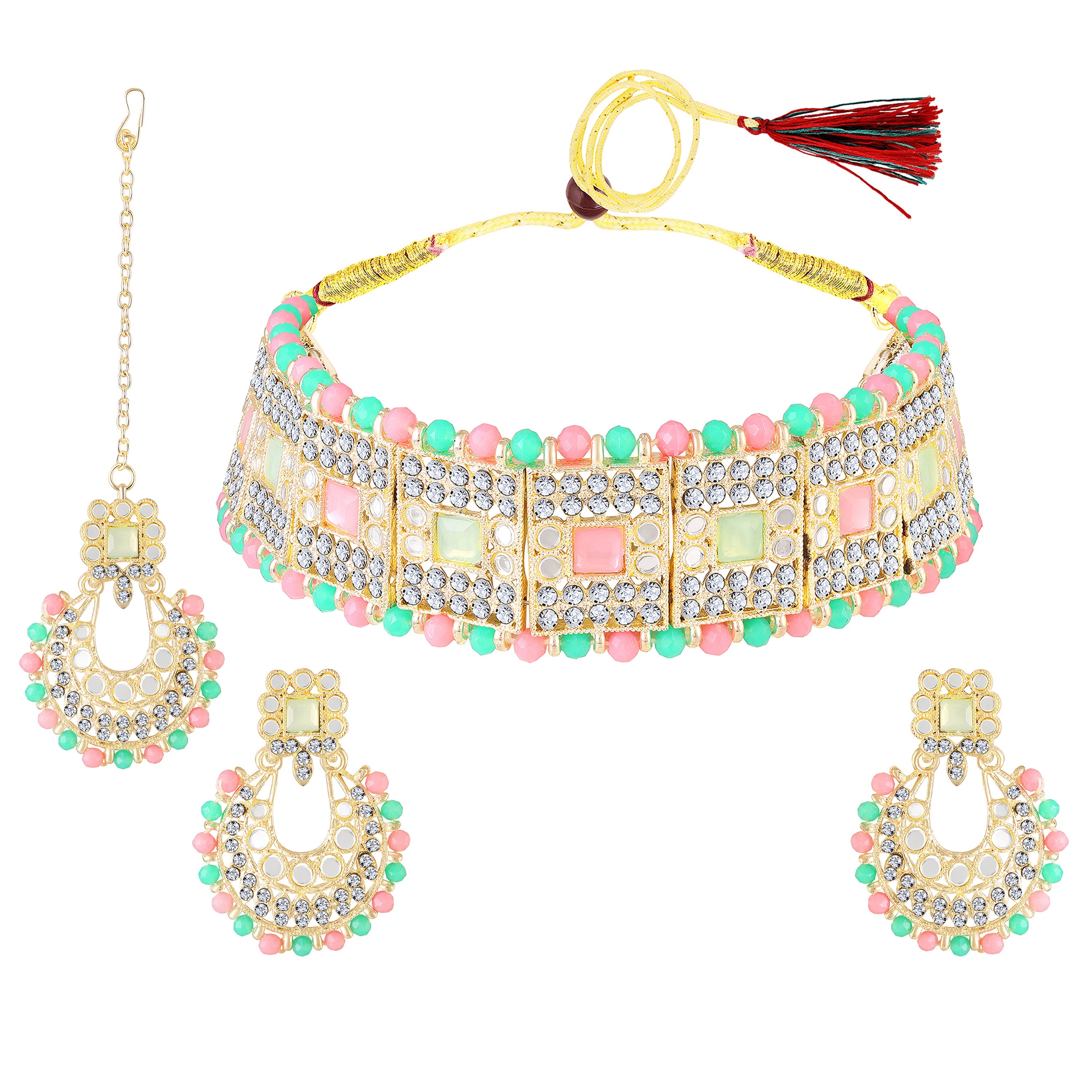 Mahi Ethnic Wedding & Festive Wear Colurful Kundan & Mirror Stone Bridal Choker Jewellery Set with Earrings & Maang Tikka Necklace Set for Women (NL1108128GMul)