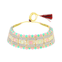 Mahi Ethnic Wedding & Festive Wear Colurful Kundan & Mirror Stone Bridal Choker Jewellery Set with Earrings & Maang Tikka Necklace Set for Women (NL1108128GMul)