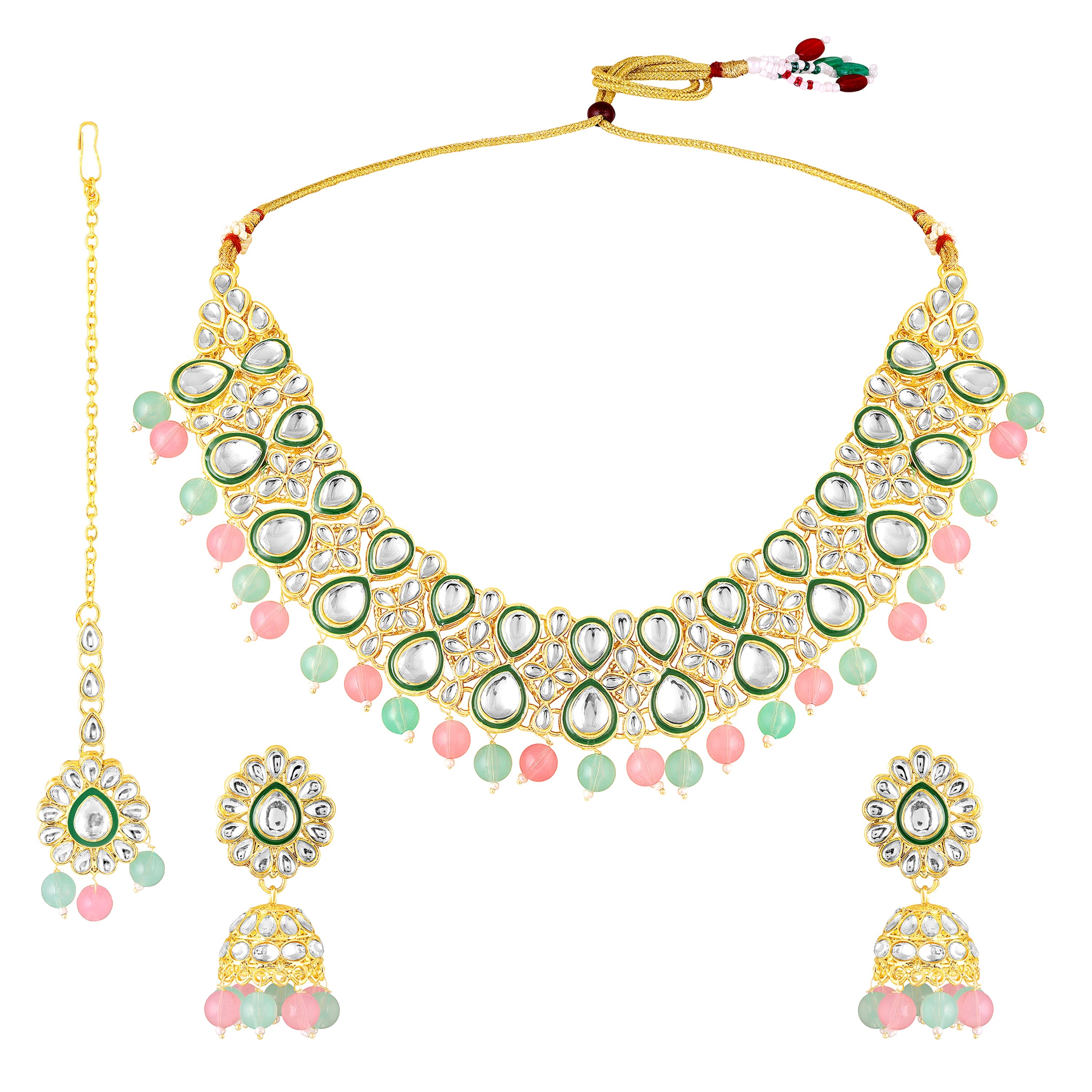 Mahi Ethnic Wedding & Festive Wear Colurful Kundan & Glass Beads Bridal Choker Jewellery Set with Earrings & Maang Tikka Necklace Set for Women (NL1108129GMul)