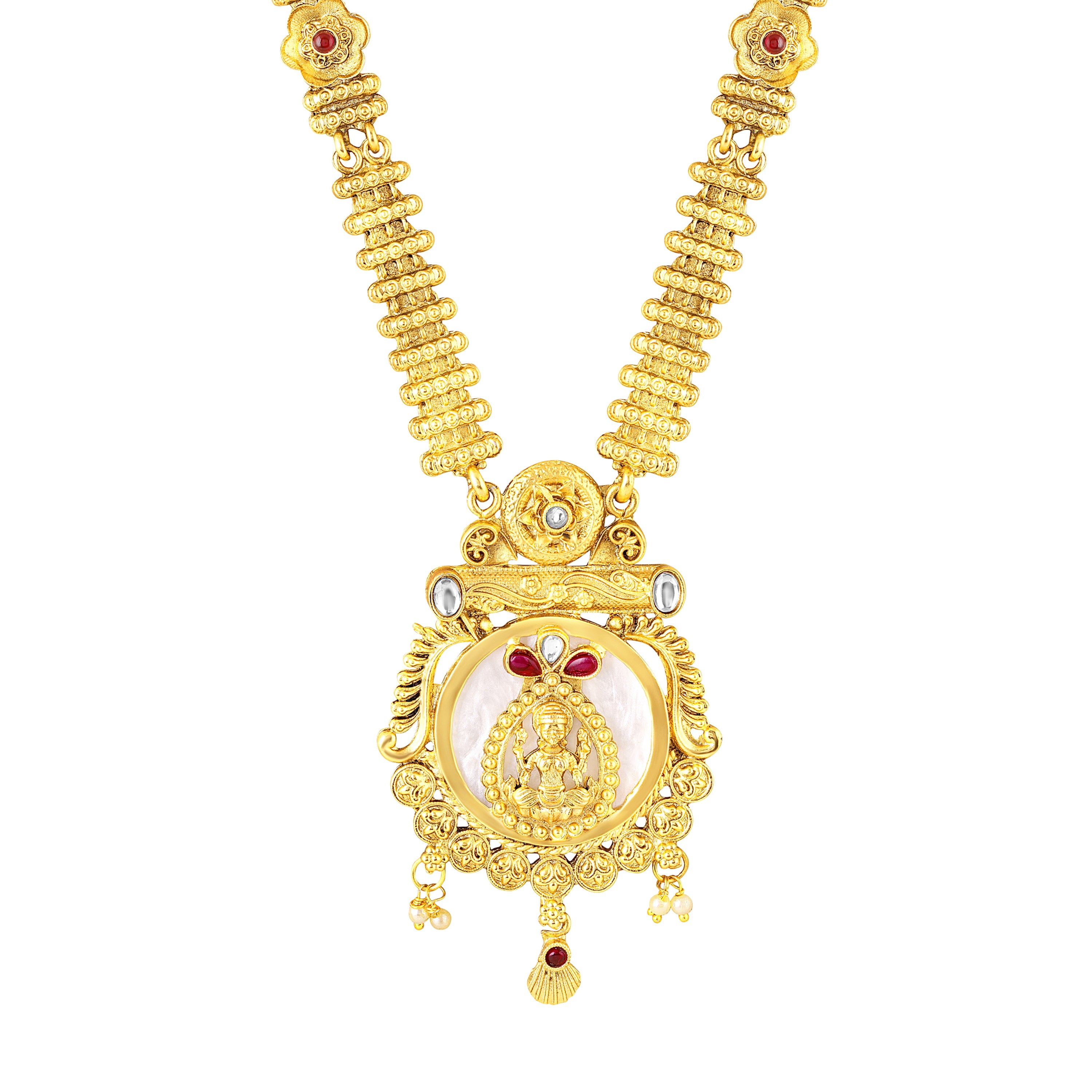 Mahi Traditional Gold-Plated Kundan Temple Jewellery Necklace Set with Goddess Lakshmi Pendant & Matching Earrings for Women (NL1108131G)