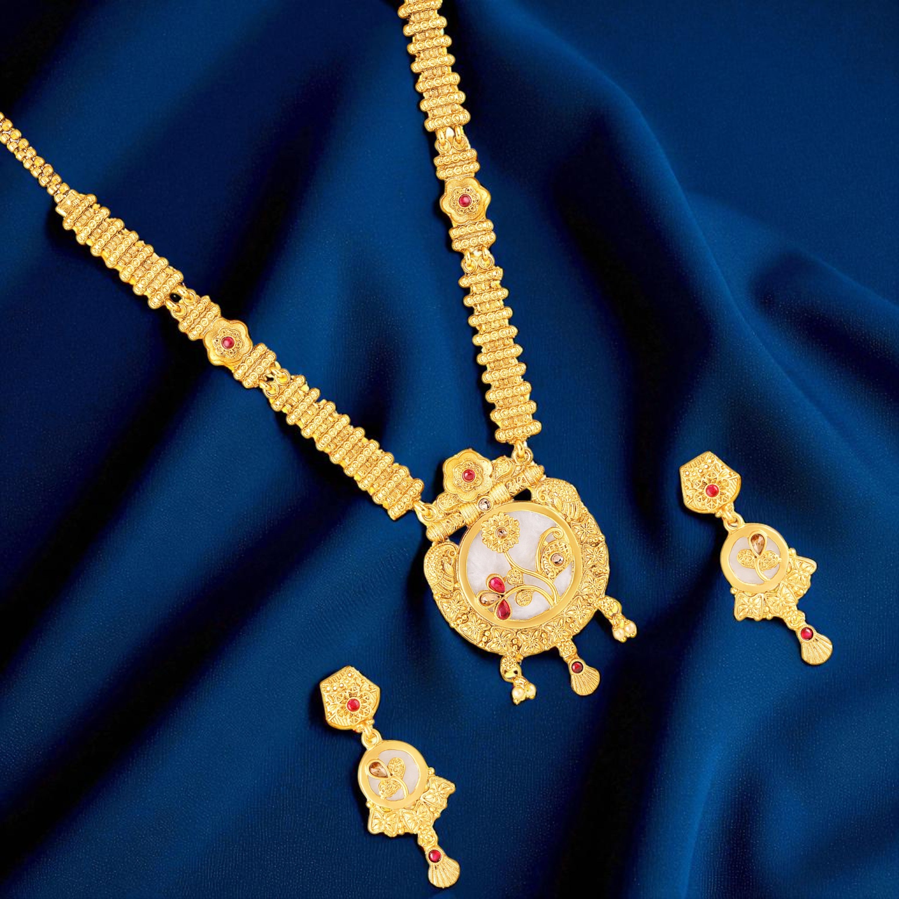 Mah Traditional Gold-Plated Necklace Set with Intricate Kundan Pendant and Matching Earrings for Women (NL1108132G)