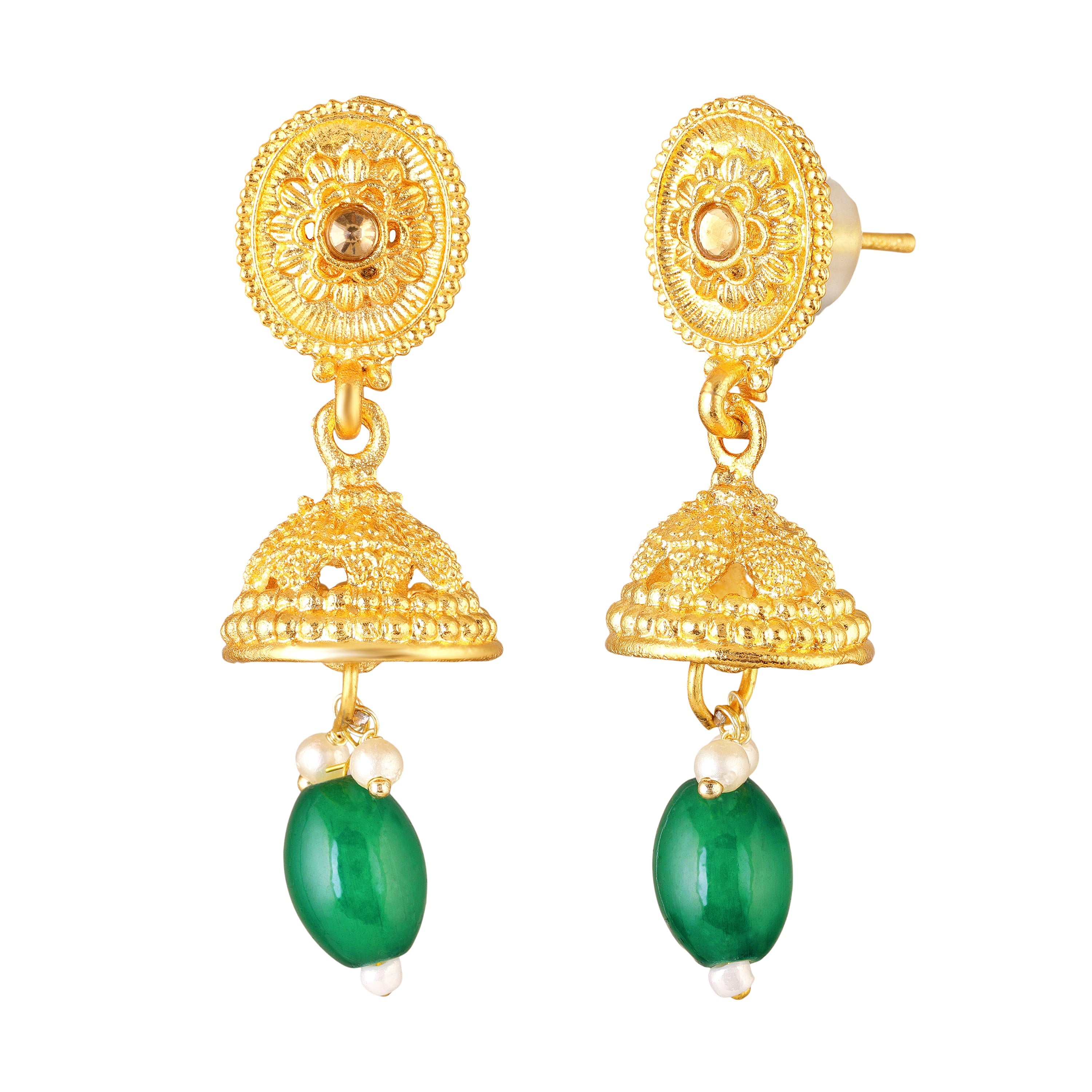 Mahi Traditional Temple Jewellery Kundan and Artificial Pearls Long Haram Necklace Set with Jhumka Earrings for Women | South Indian Bridal Jewellery (NL1108138G)