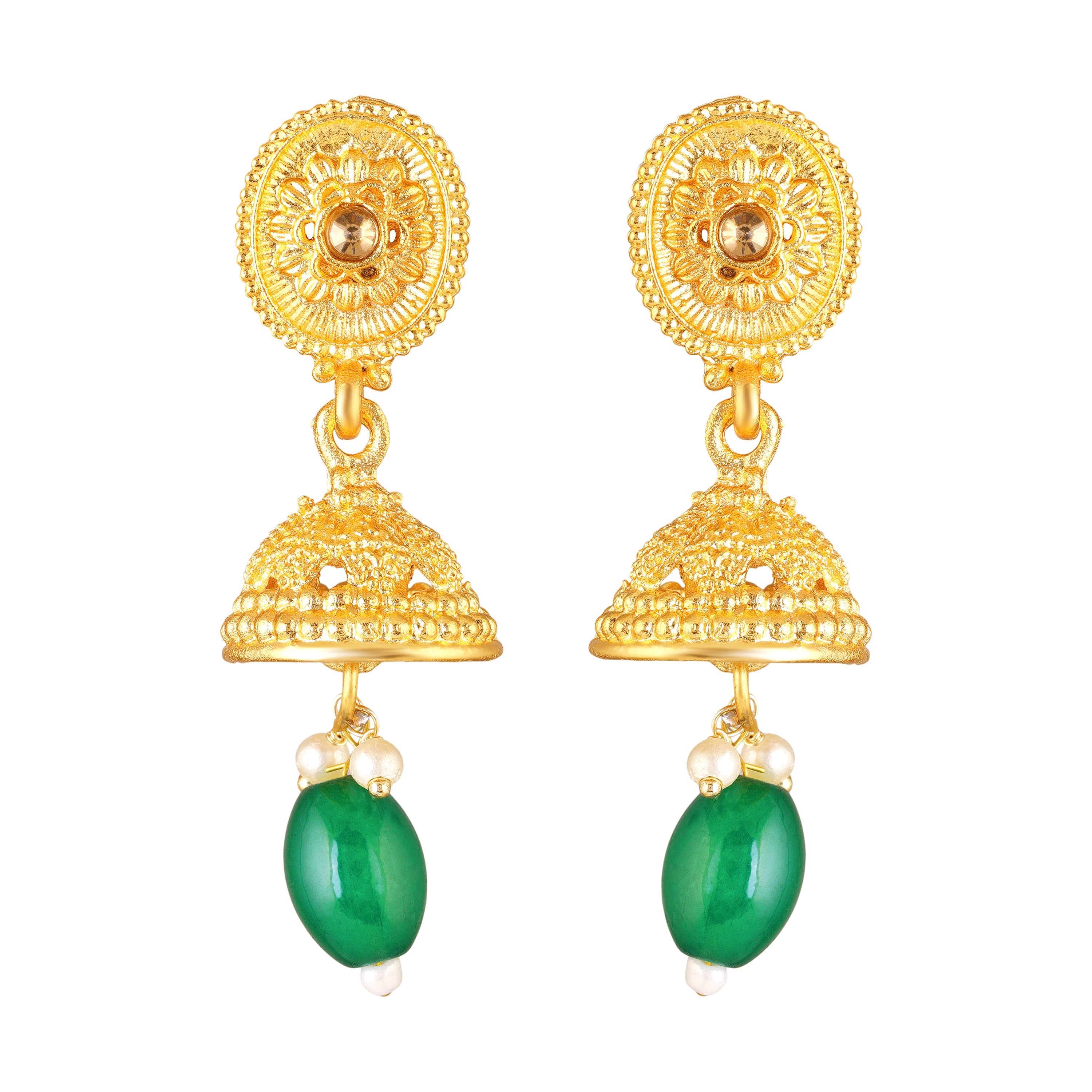 Mahi Traditional Temple Jewellery Kundan and Artificial Pearls Long Haram Necklace Set with Jhumka Earrings for Women | South Indian Bridal Jewellery (NL1108138G)